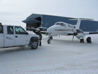 Putting the King Air to bed in the hanger.