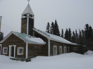 The Anglican log church building in Old Crow, Yukon Territory.
